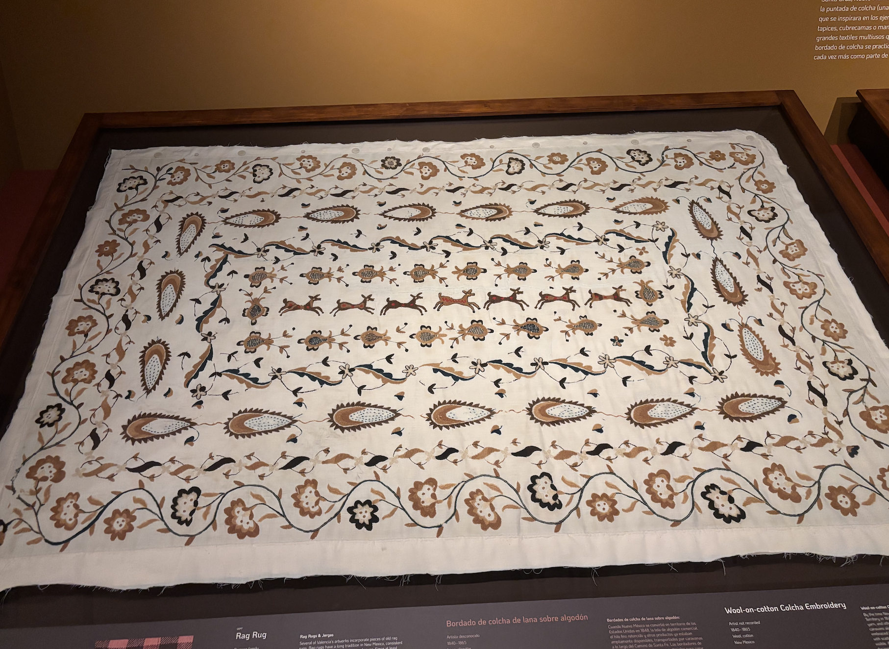 Wool-on-cotton colcha embroidery at the Santa Fe International Folk Art Museum